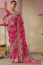 Rani Pink Dola Viscose Silk Saree Intricate Flower Pattern Weaving On All Over Saree